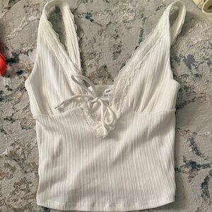 Garage White Lace-Trim Ribbed Tank
